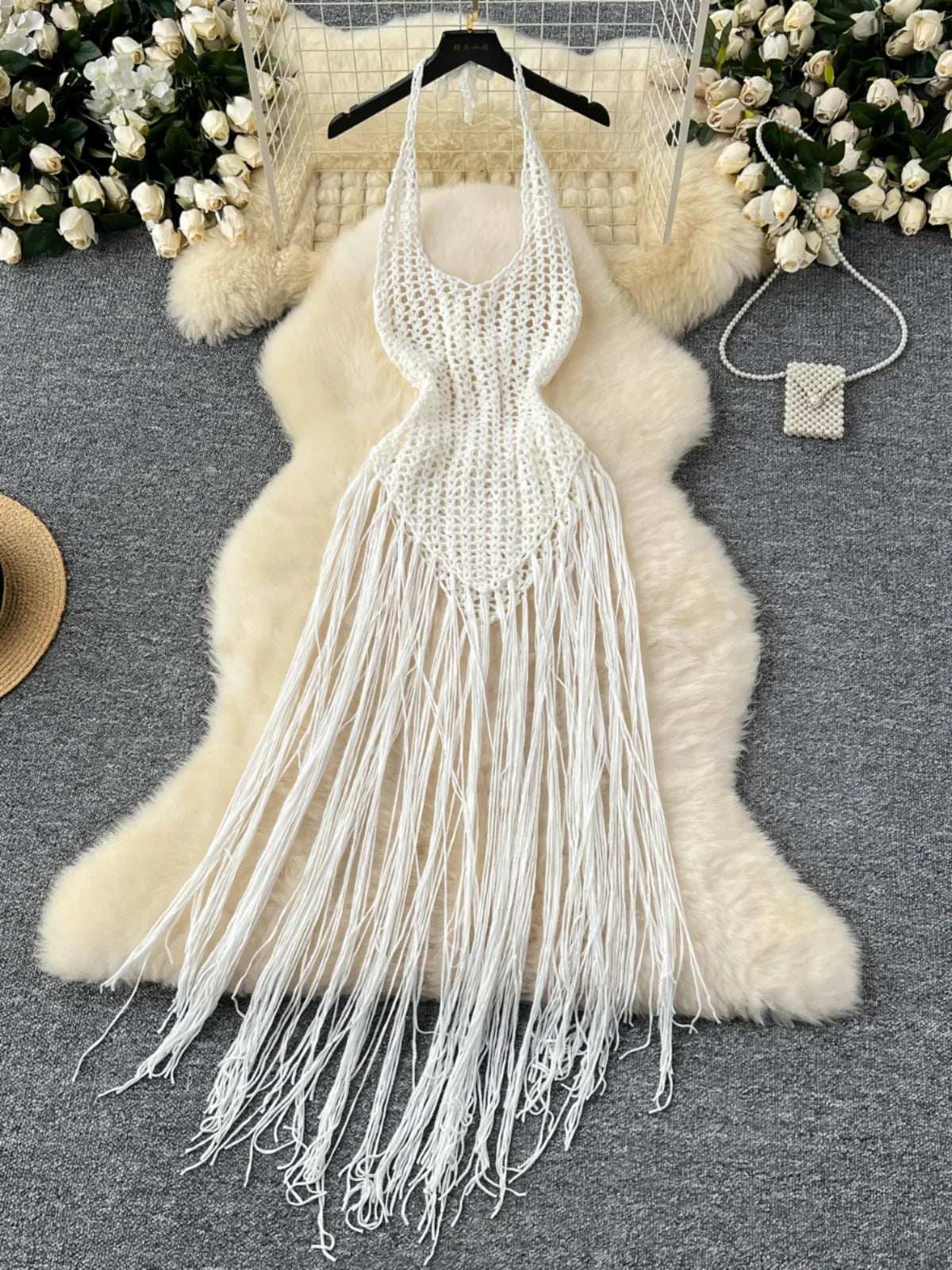 Halter Neck White Fringe Crochet Beach Dress