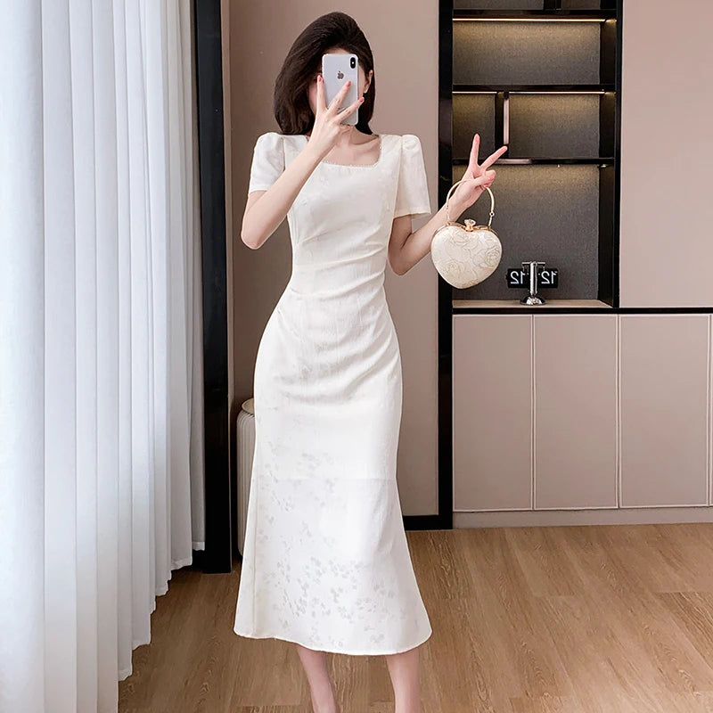 Puff Sleeve White Midi Bodycon Dress