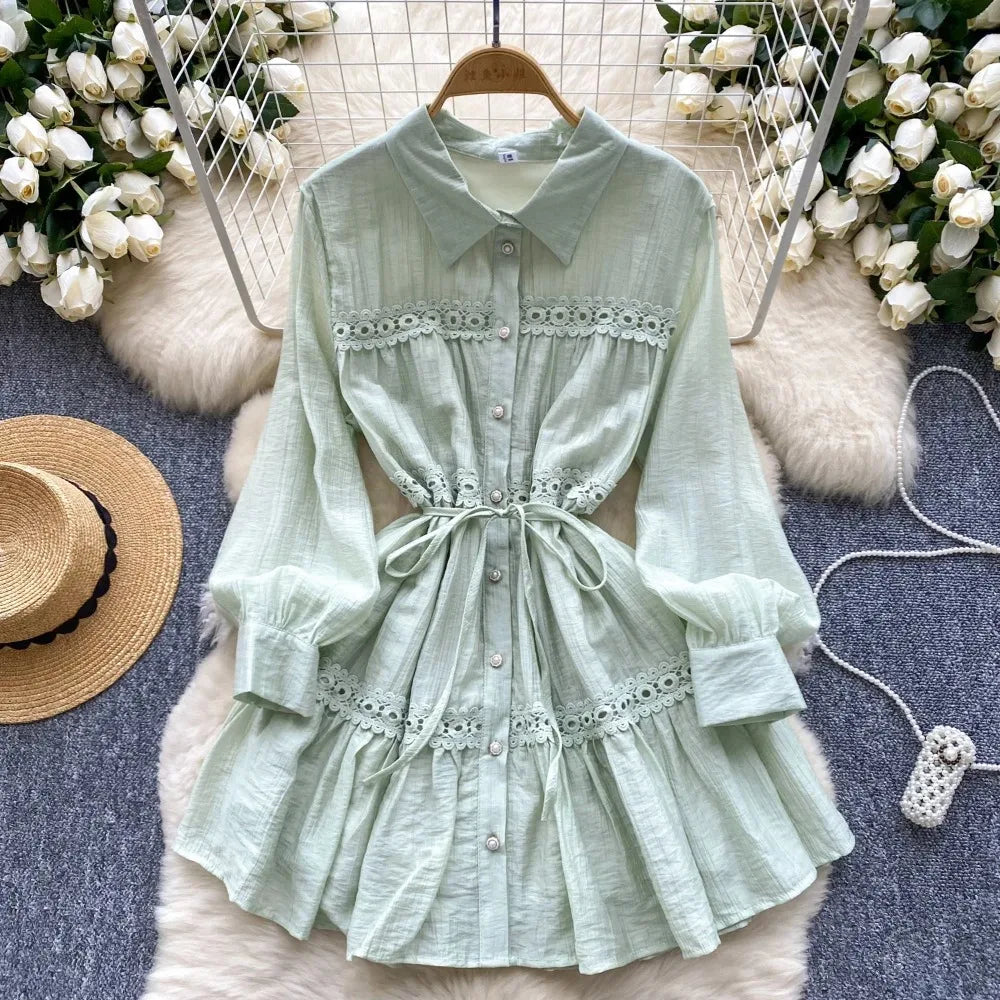 Mint Green Lace-trimmed Belted Shirt Dress