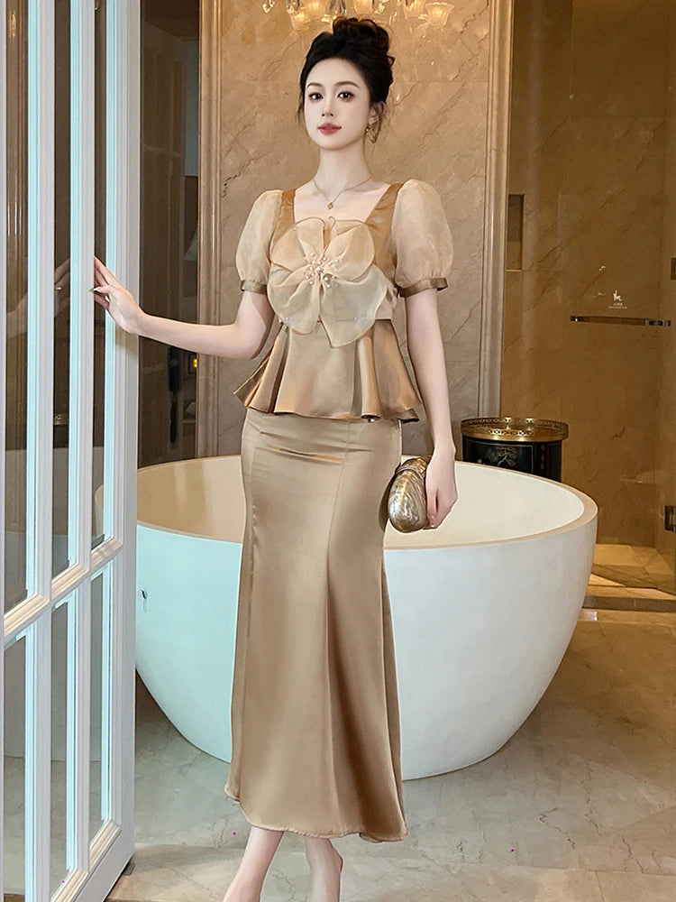 Luxurious Champagne Satin Dress With Puff Sleeves on Luulla