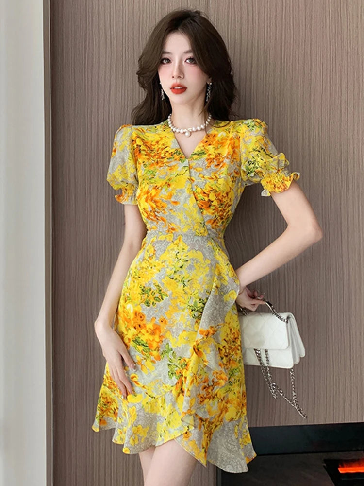 yellow wrap dress short Short Sleeve Mesh Overlay Wrap Front Detail Mini Dress In Yellow