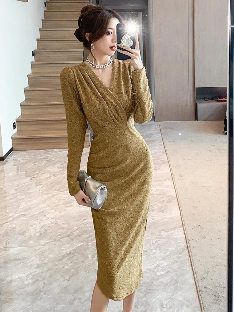slim fit dress slacks Vintage 1970s Gold Metallic Long Sleeve Maxi Dress main image 0