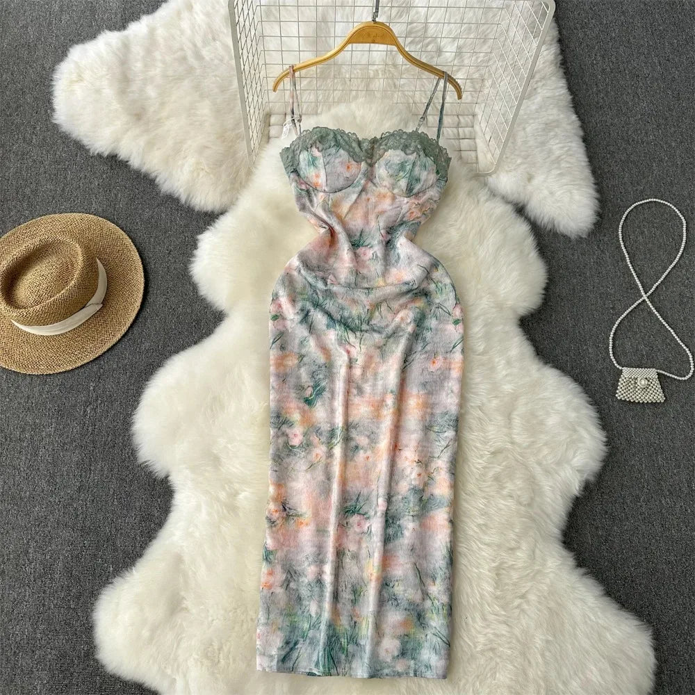 Floral Print Spaghetti Strap Lace Bodycon Dress
