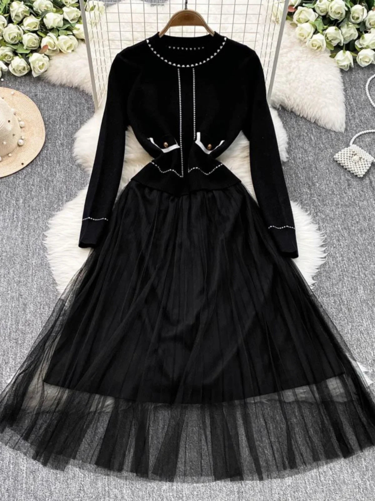 Chic Black Cardigan With Flowing Tulle Skirt on Luulla