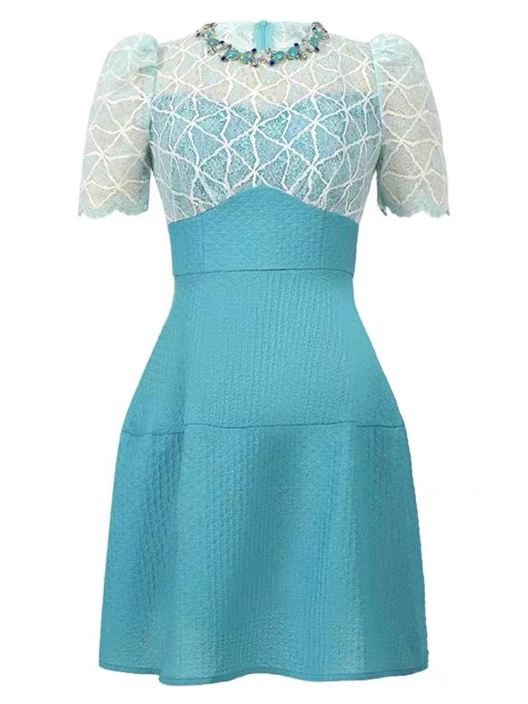 Lace Overlay Short-sleeve Textured Blue Dress on Luulla