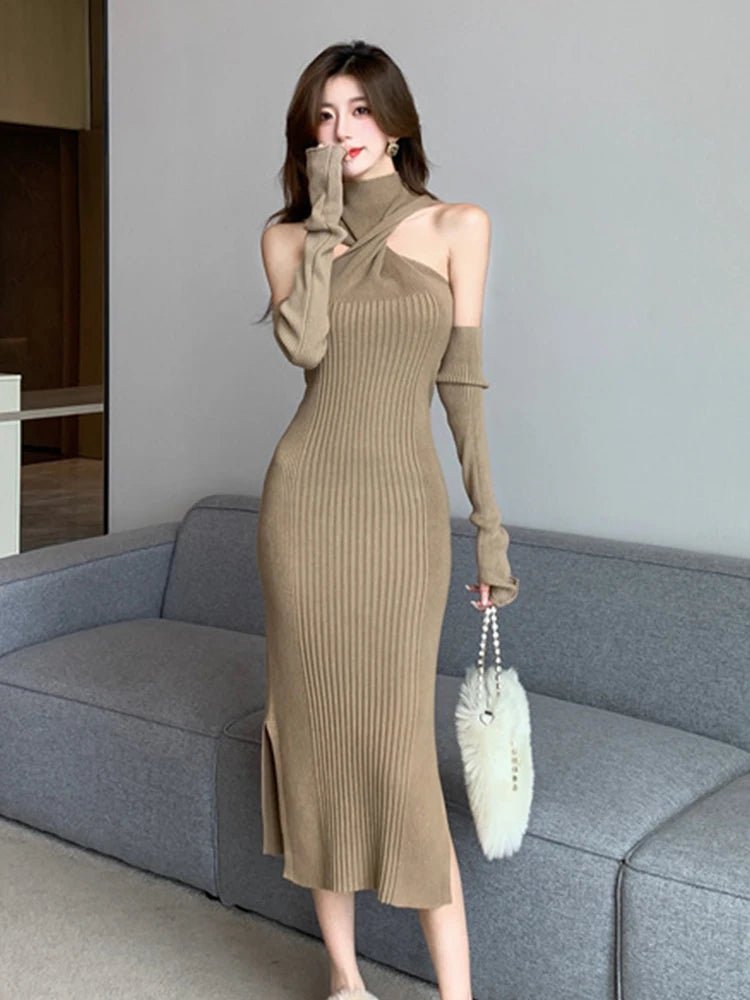 elegant sweater dresses Fashion knitted Sweater Dresses For Women Elegant Ladies Button Package Hip  Slits Club Party Dress Sexy Elastic Warm Mini Dress main image 1