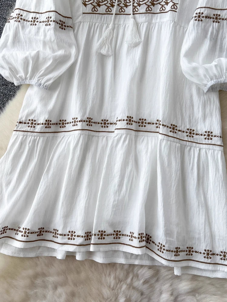Bohemian White Embroidered Long Sleeve Peasant Dress on Luulla