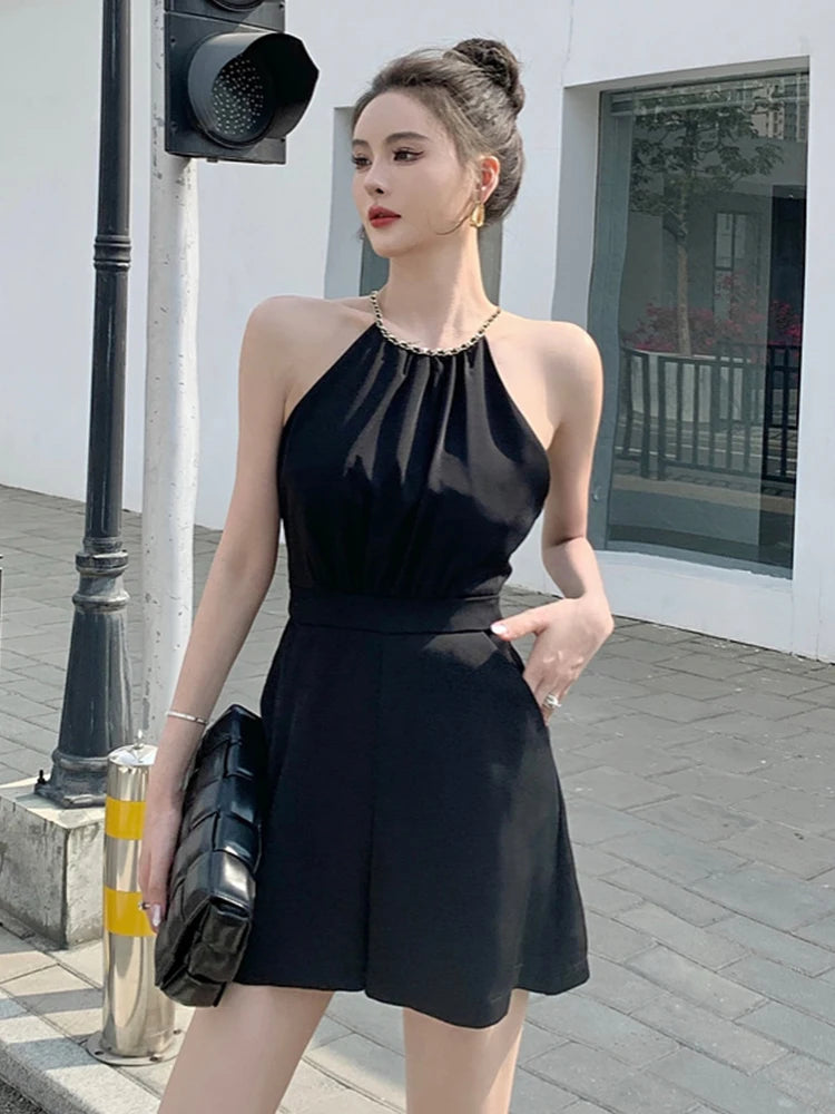 Halter Neck Black Sleeveless Summer Romper Dress on Luulla