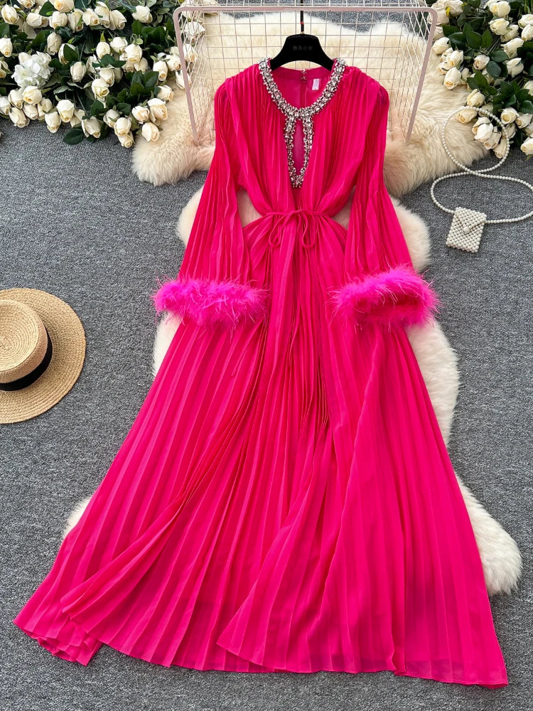 Vibrant Pink Feather Trim Pleated Maxi Dress