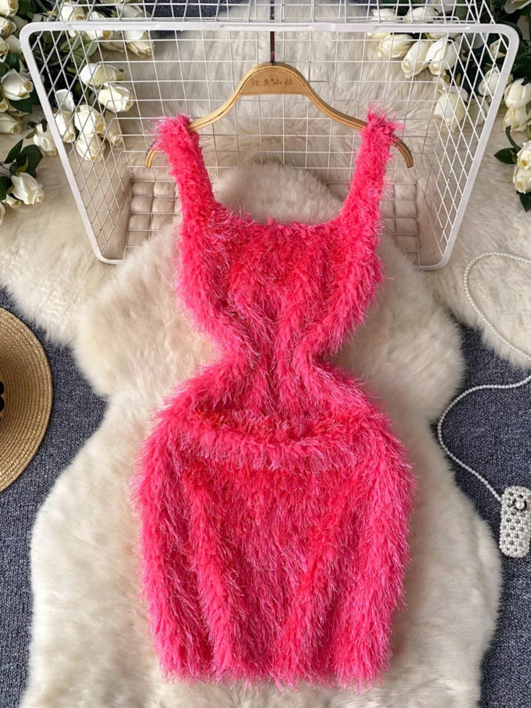 Vibrant Fuzzy Pink Sleeveless Bodycon Dress on Luulla