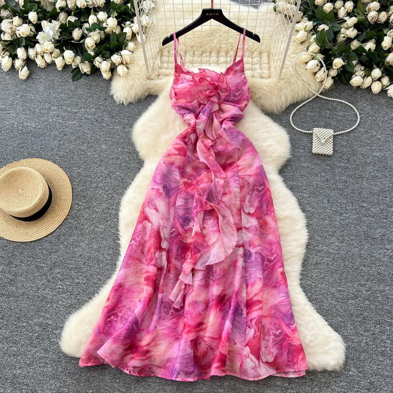 pink chiffon sleeveless ruffle maxi dress Pink Sleeveless V-Neck Floral Chiffon Ruffle Ball Gown