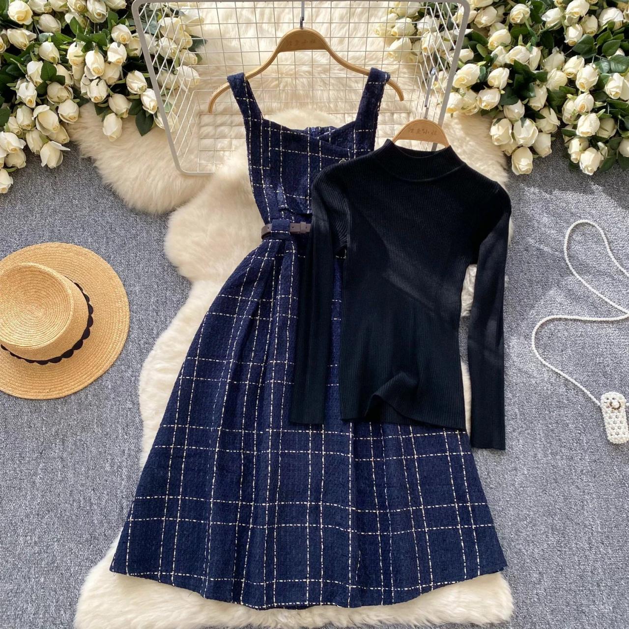 Plaid Pinafore Dress With Long Sleeve Top on Luulla