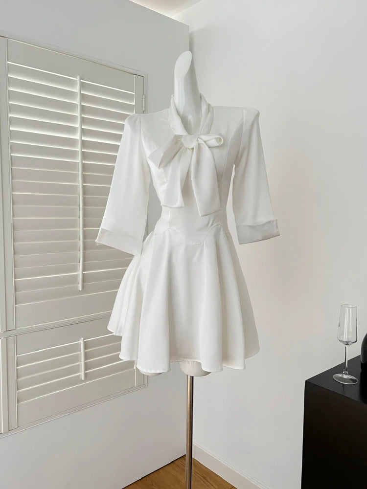 White Bow Collar Dress With Flared Skirt