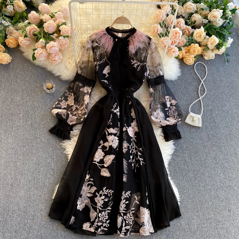 sheer dress with embroidered flowers Deep V-neck Sheer Sleeves Embroidered Blooming Flower Lace Mother of the Bride Dress main image 0