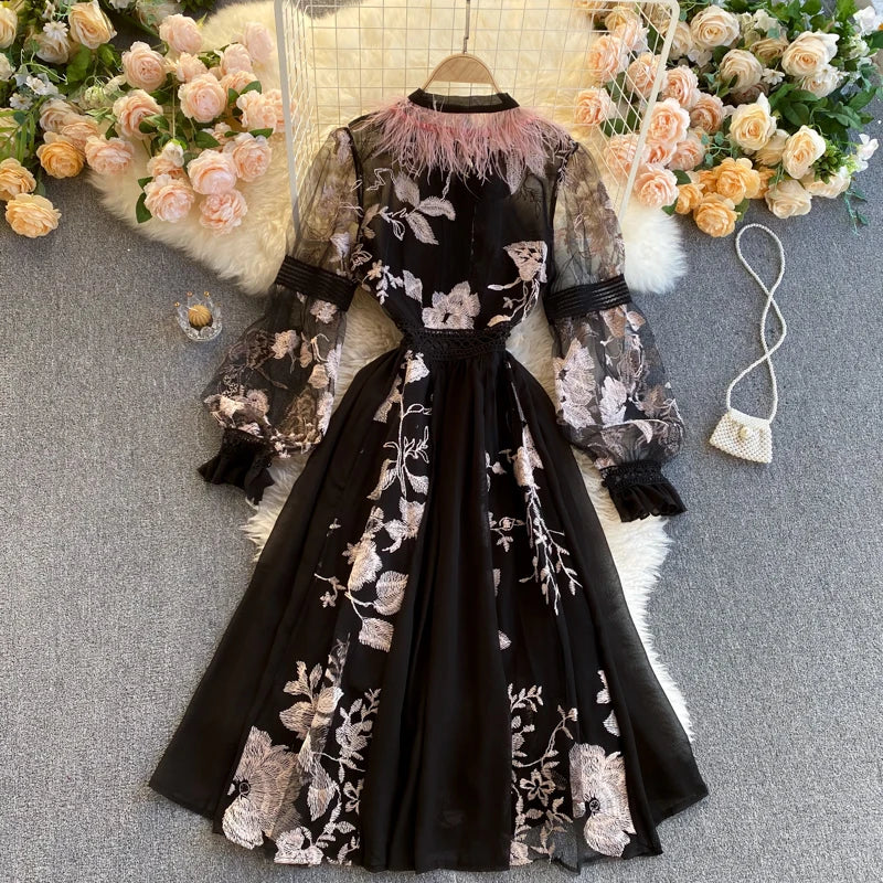 Floral Sheer Black Dress With Embroidered Sleeves on Luulla