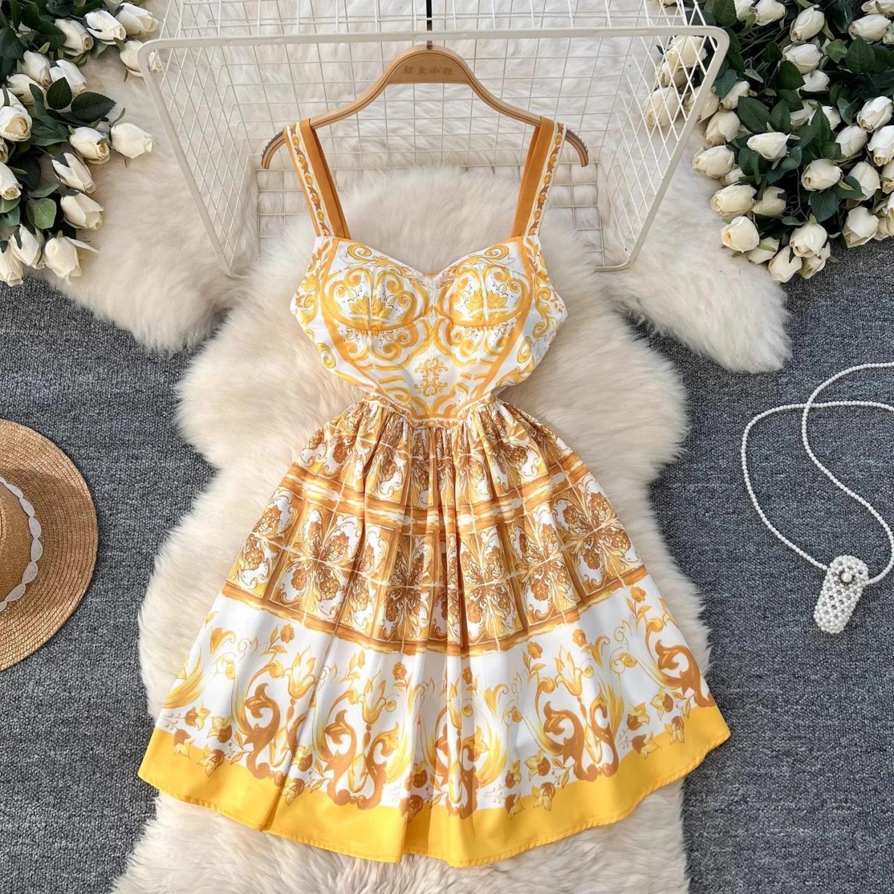 Vintage Sunflower Print Sleeveless Midi Summer Dress on Luulla
