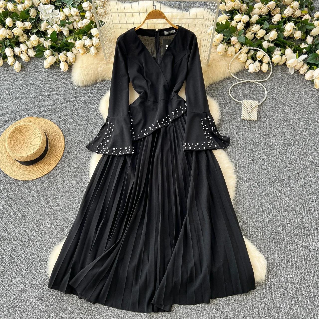 slim fit dress slacks Gothic Belle Dress with Flared Sleeves and Sultry Side Slit