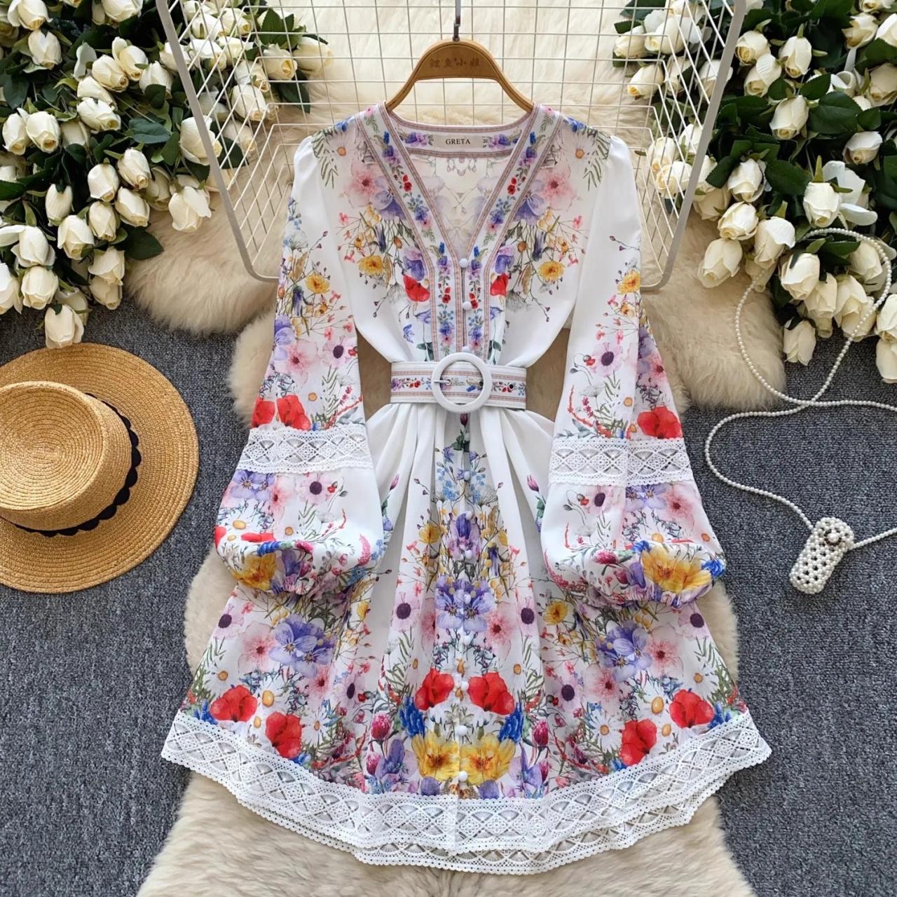 White Boho Floral Belted Dress With Flowy Sleeves