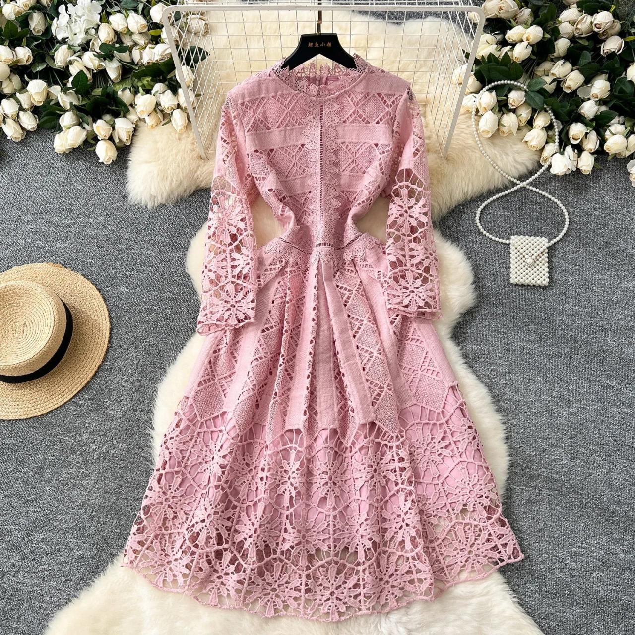 Vintage Pink Lace Floral Midi Dress