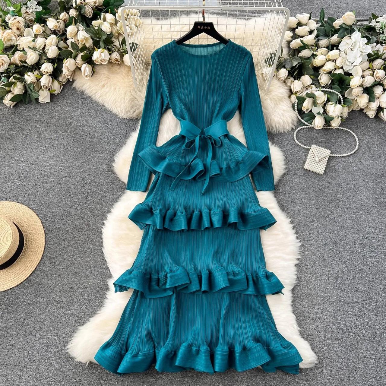 Teal Long Sleeve Layered Ruffled Maxi Dress on Luulla