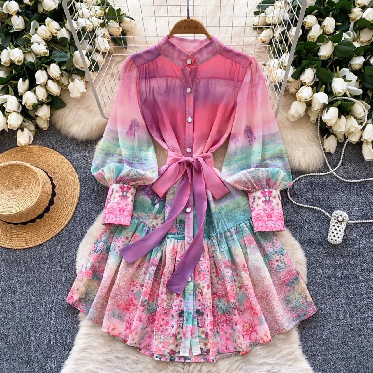 Floral Tie-Waist Gradient Button-Up Shirt Dress