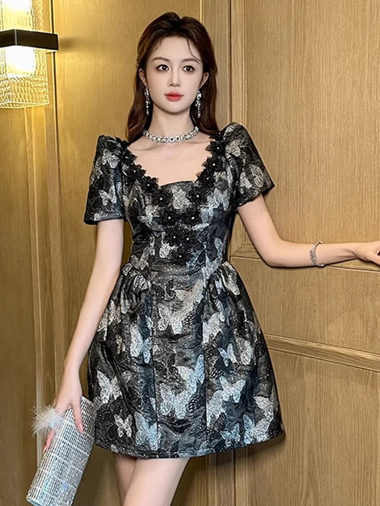 butterfly short sleeve dress Butterfly Embellished Short Sleeve Black Party Dress