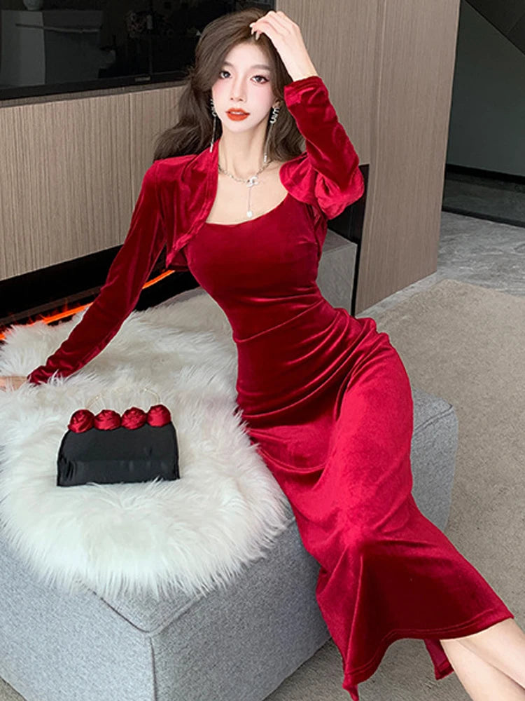 knee length dresses for ladies Velvet Long Sleeve Wrap Bodycon Dress for Women Above Knee Length –  Anna-Kaci