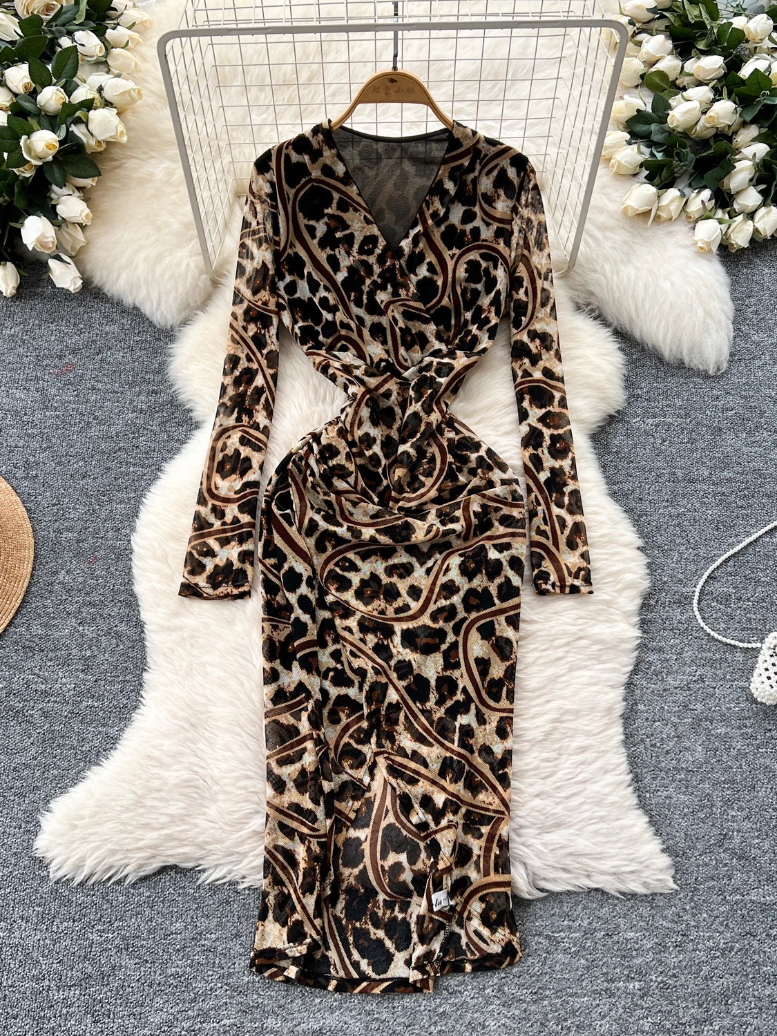 Long-sleeve Leopard Print Wrap Maxi Dress