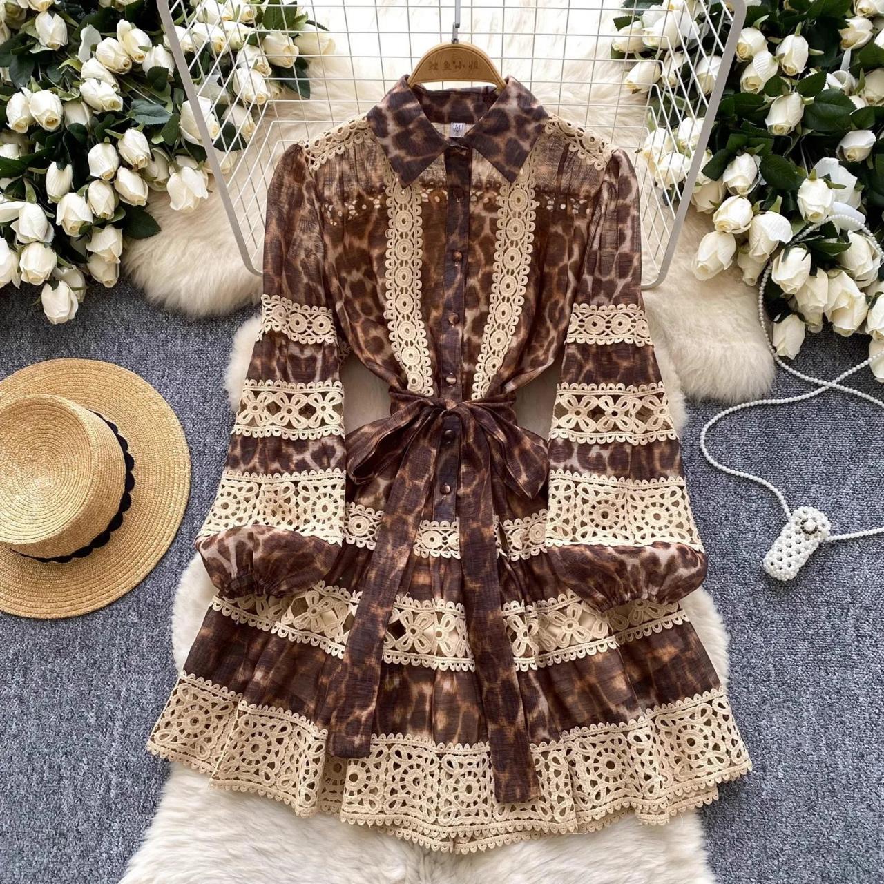 Vintage Style Boho Brown Button-up Dress With Belted Waist And Lace on  Luulla