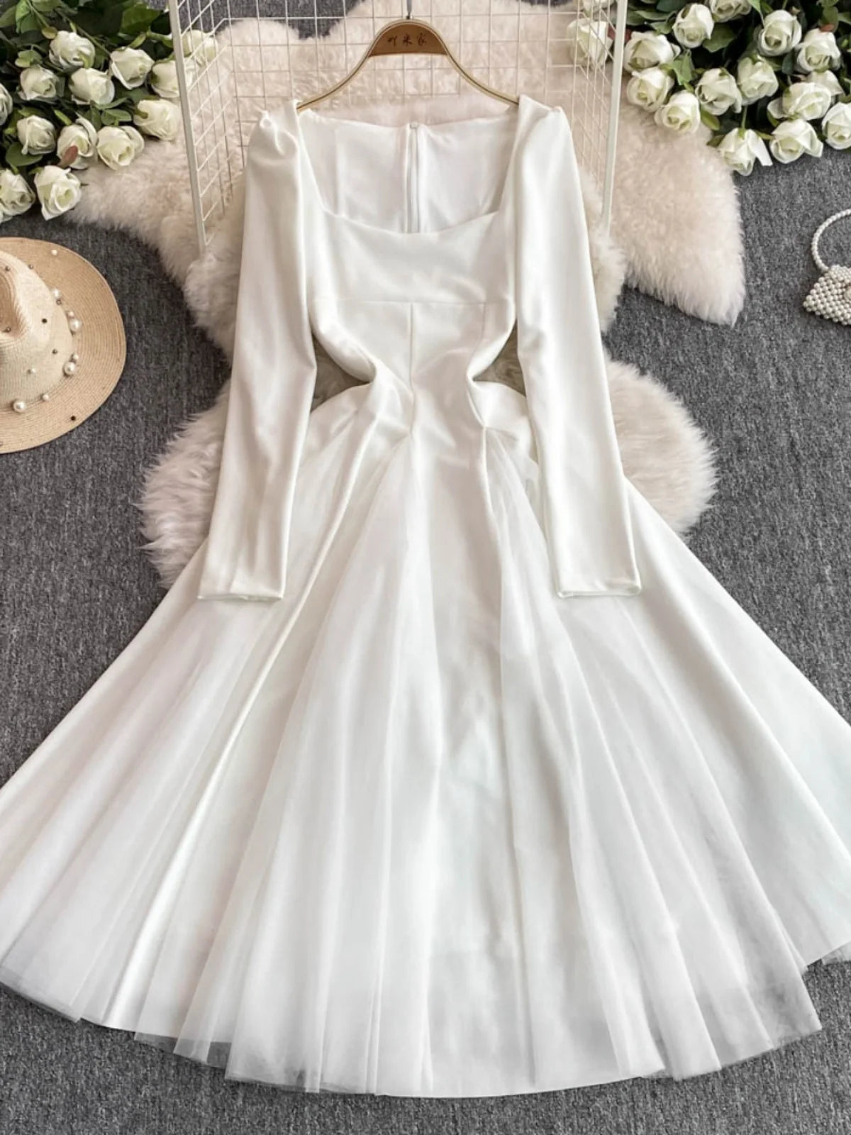 knee length dresses for ladies Scoop Long Sleeves Pleated Satin A-Line Midi Wedding Dress – Liymc