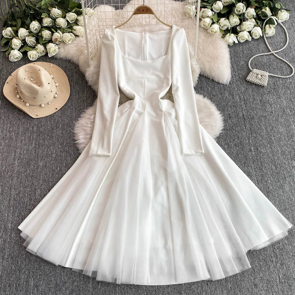 knee length dresses for ladies OLIVINE WHITE LONG SLEEVE CUTOUT HIGH SLIT SATIN GOWN – Arelia's Dream