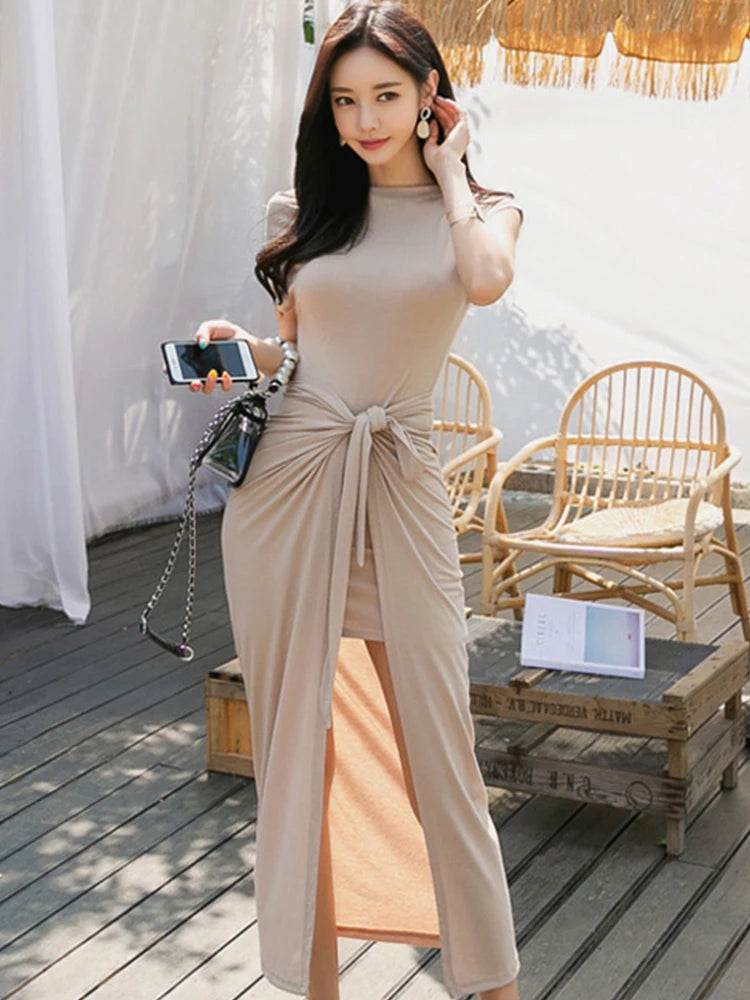 Womens Beige Tie-waist Short Sleeve Maxi Dress