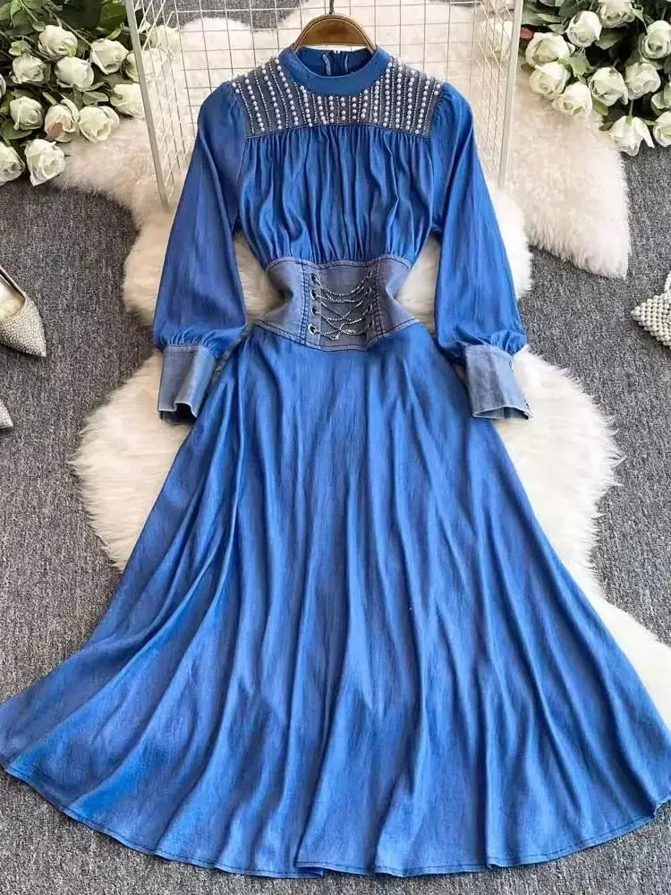 Denim Maxi Dress With Embroidered Yoke Detail on Luulla