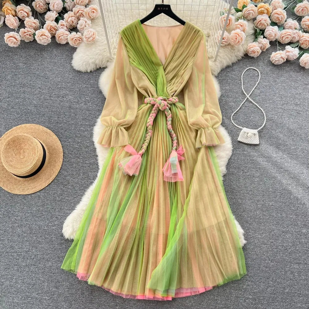 Sheer Long-Sleeve Ombre Pleated Maxi Dress