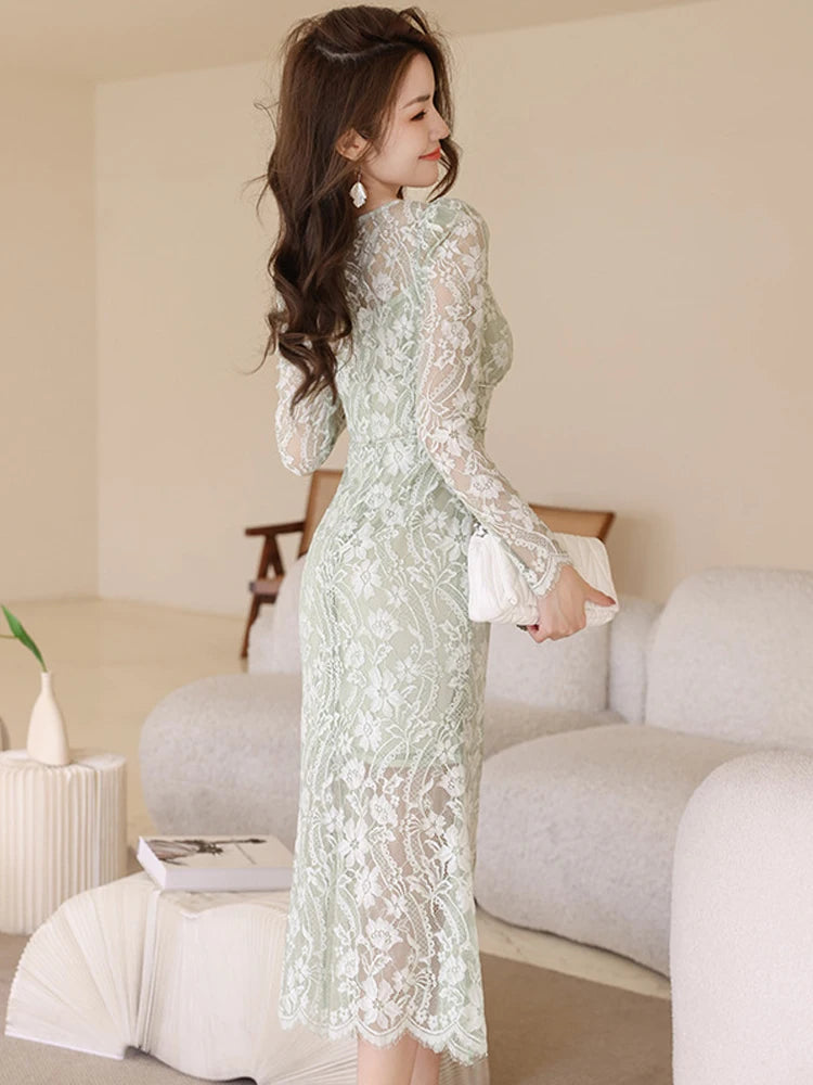 Lace Long Sleeve Mint Green Cocktail Dress on Luulla