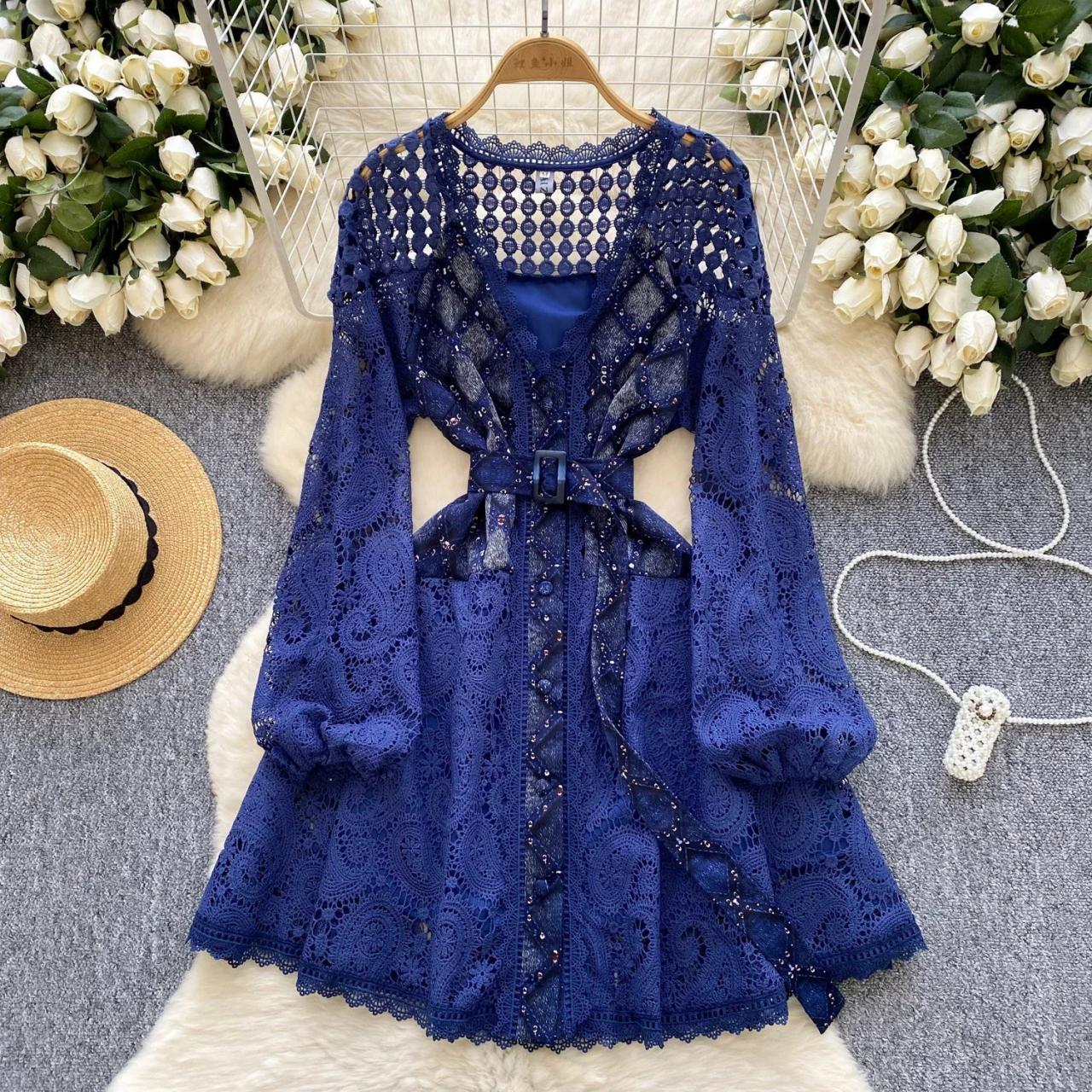 Lace Blue Long Sleeve Belted Mini Dress on Luulla