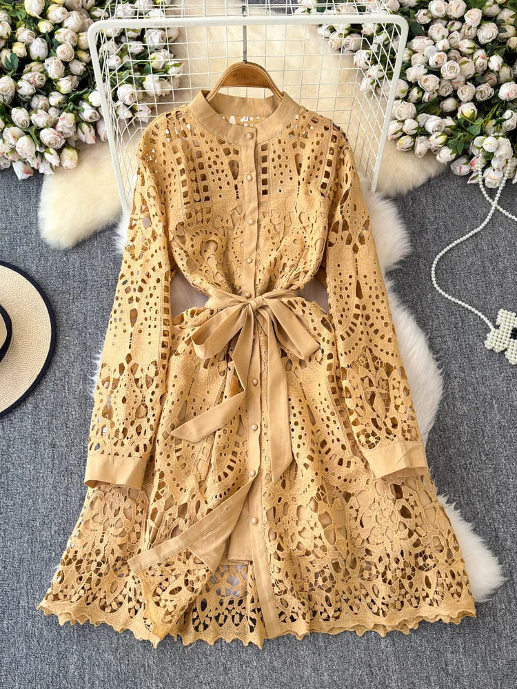 Lace Crochet Long Sleeve Belted Shirt Dress