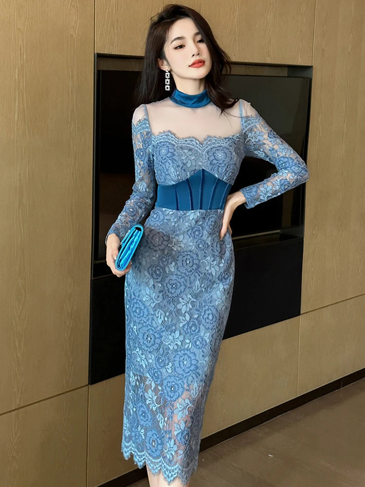 blue lace mesh dress Momyknows Blue Lace Mesh Off Shoulder Knot Ruched Draped Sheer Maternity Maxi Dress Blue / L main image 1