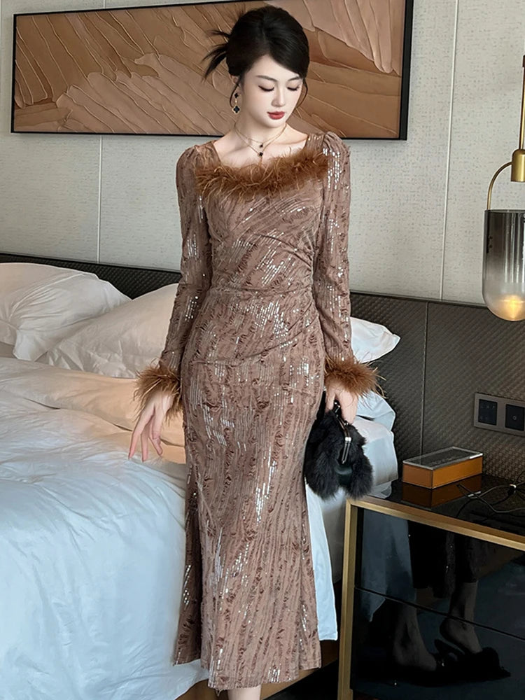 chinese dress ladies Elegant Long Sleeve Feather-Trimmed Modest Wedding Dress – HAREM's Brides