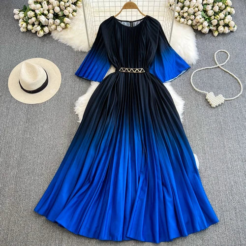 Ombre Pleated Maxi Dress With Flare Sleeves on Luulla