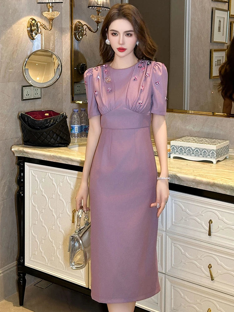 lilac midi dress formal A Line/Princess Stand Collar Short Sleeve Long Elegant Mother of the B –  Shirees main image 0
