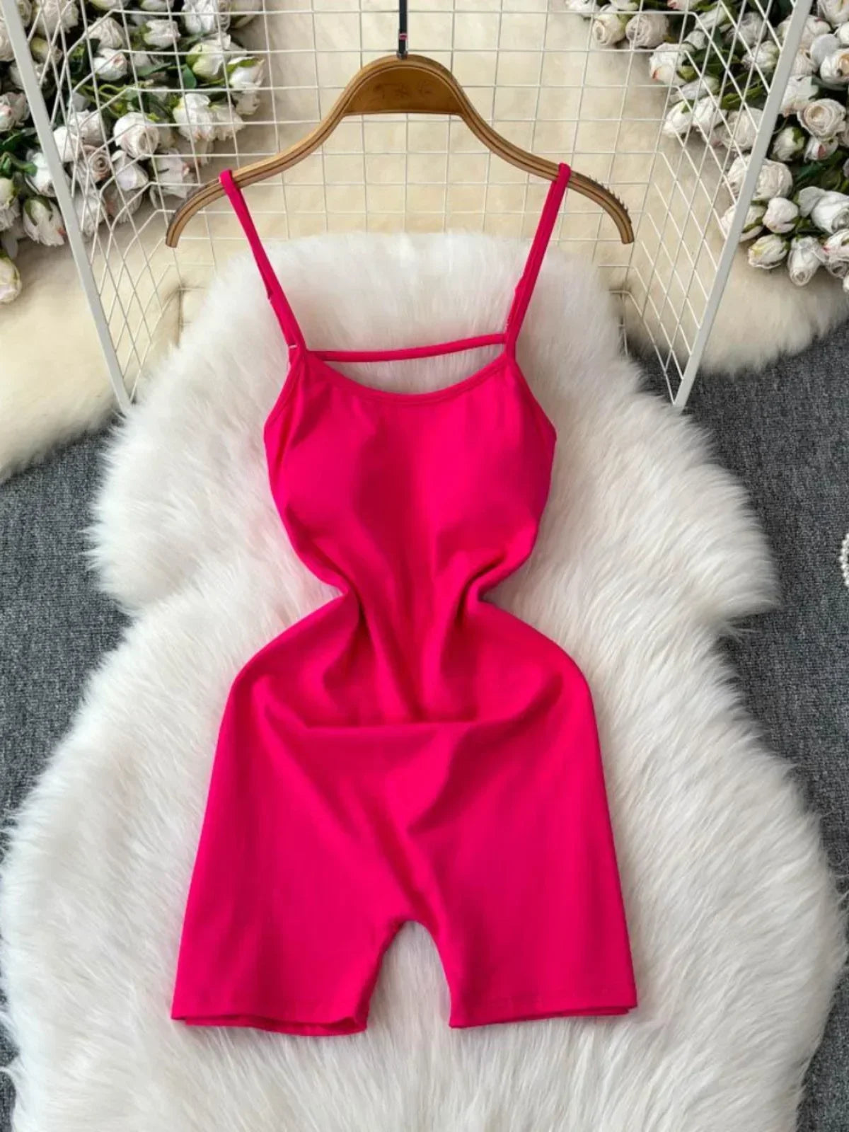 Vibrant Pink Spaghetti Strap Bodycon Romper Dress on Luulla