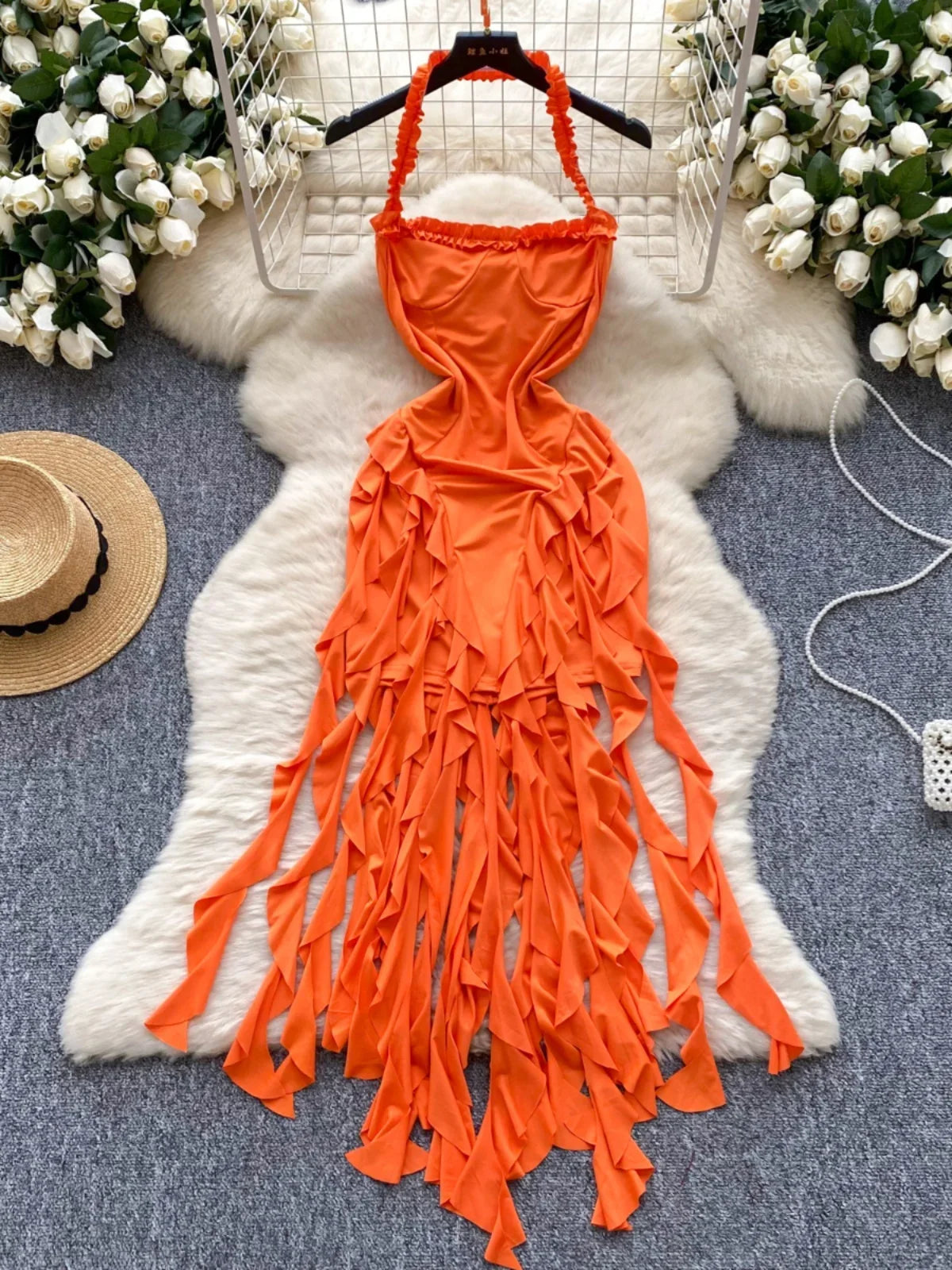 strapless open back dress Cerise Orange High-Neck Maxi Dress With Open-Back – Club L London
