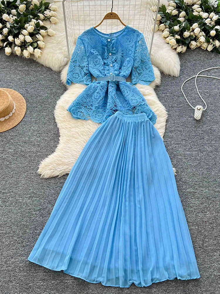 pleated skirt lace dress Lace Shirt Dress with Pleated Skirt 46