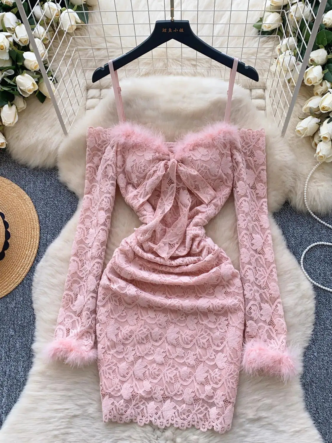 Lace Pink Bodycon Dress With Feather Trim Accents