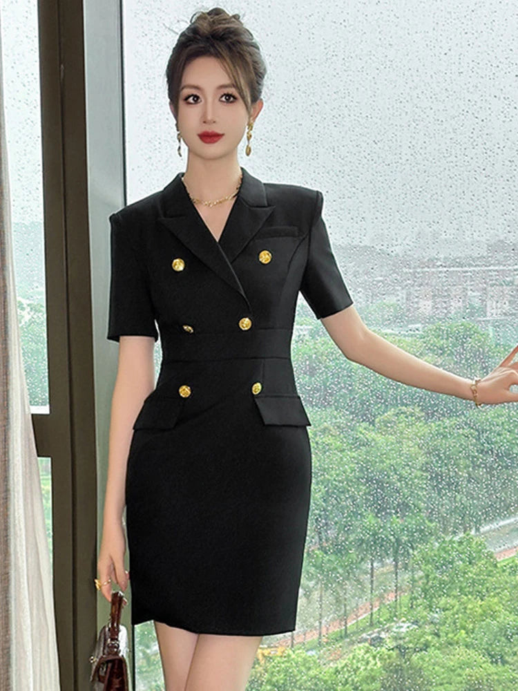 slim fit dress slacks Balmain Black Wool Cache-Coeur Blazer Dress with Gold Buttons main image 1