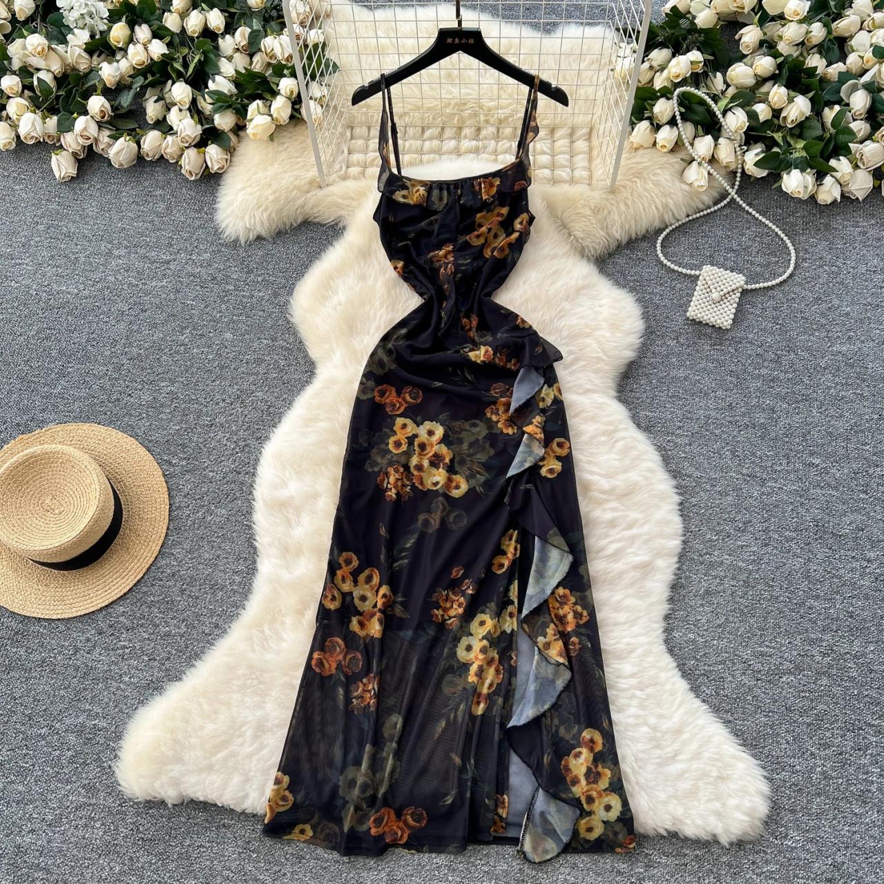 Floral Ruffled Sleeveless Maxi Dress - Black Chiffon on Luulla