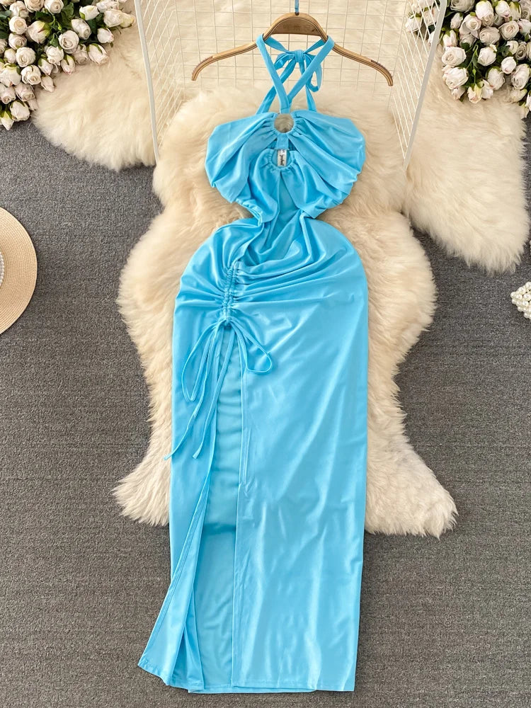 Blue Halter Maxi Dress With Drawstring Accents on Luulla