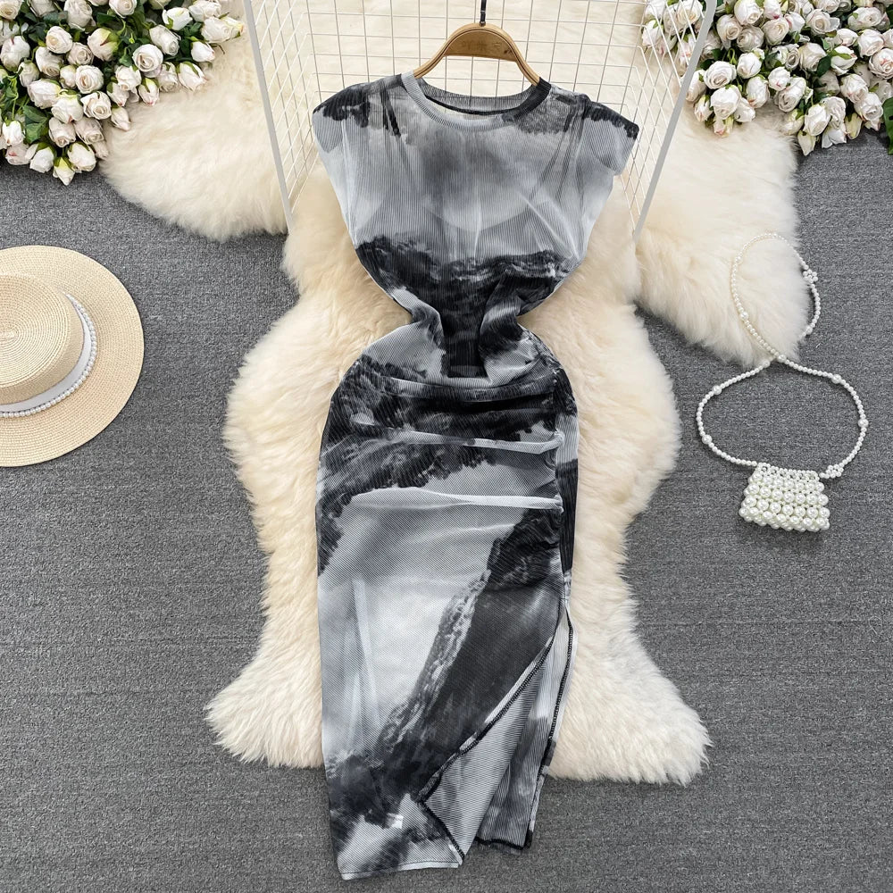 Tie-dye Sleeveless Maxi Dress With Belt