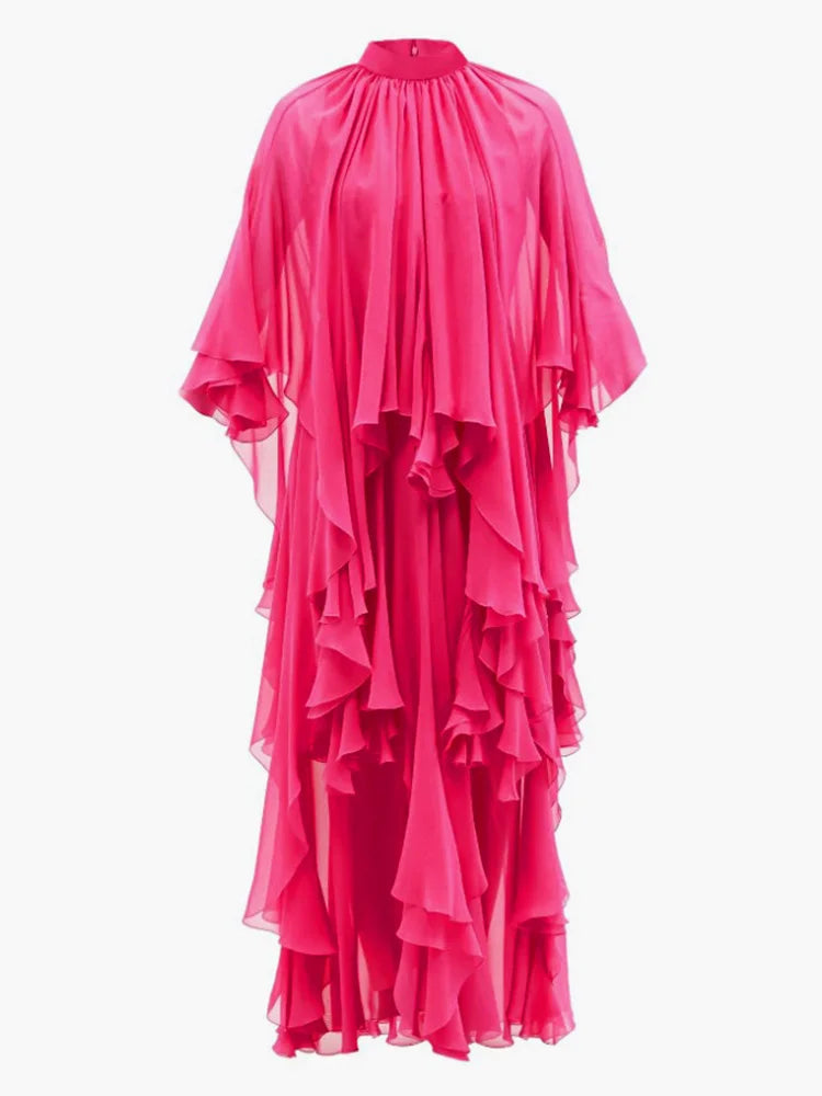 Flowing Pink Layered Ruffle Chiffon Maxi Dress on Luulla